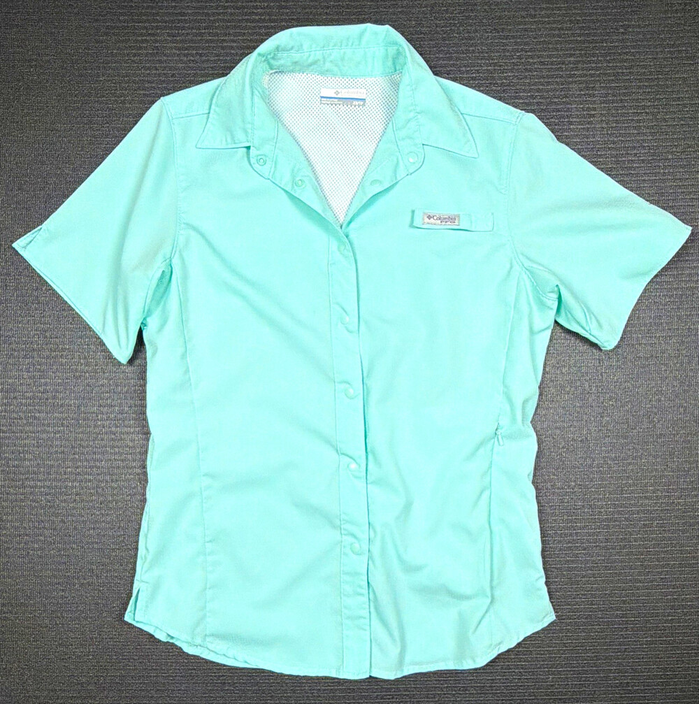 Columbia PFG Omni Shade Shirt Womens XS Aqua Blue Vented Fishing Outdoor Snap